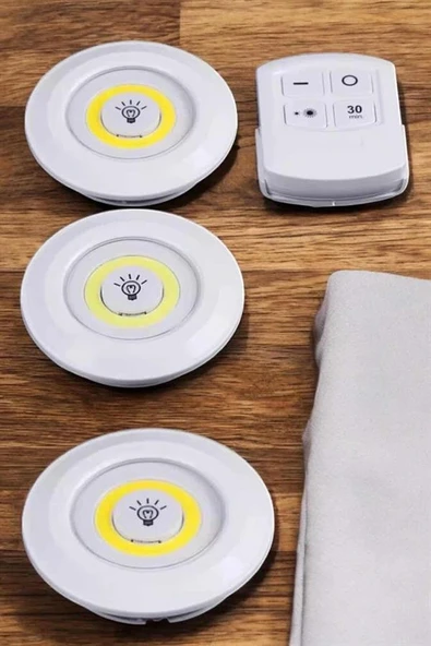 Led Lamba 3'lü Uzaktan Kumandalı Yapışkanlı Beyaz Işık - Resim 4