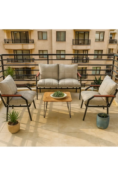 UFUK HOME Sehpalı Açıkgri Fermuarlı Bahçe Balkon Takımı, Cafe, Salon - Metal Kanepe Koltuk Takımı - Resim 2