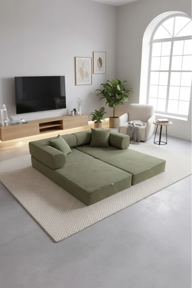 UFUK HOME Luxivo Konforlu Çift Kişilik Açılabilir Yataklı Koltuk Haki - Resim 2