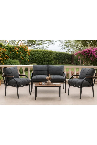 UFUK HOME Linda 211 Sehpalı Antrasit Fermuarlı Bahçe Balkon Takımı, Cafe, Salon - Metal Kanepe Koltuk Takımı ürün görseli