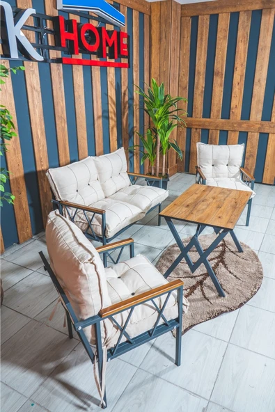 UFUK HOME Miray 211 Masalı Krem Fermuarlı Bahçe Balkon Takımı, Salon, Teras- Berjer Düğmeli Metal Çay Seti ürün görseli