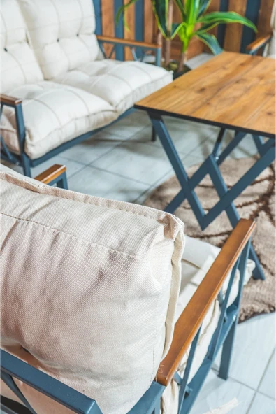 UFUK HOME Miray 211 Masalı Krem Fermuarlı Bahçe Balkon Takımı, Salon, Teras- Berjer Düğmeli Metal Çay Seti - Resim 3