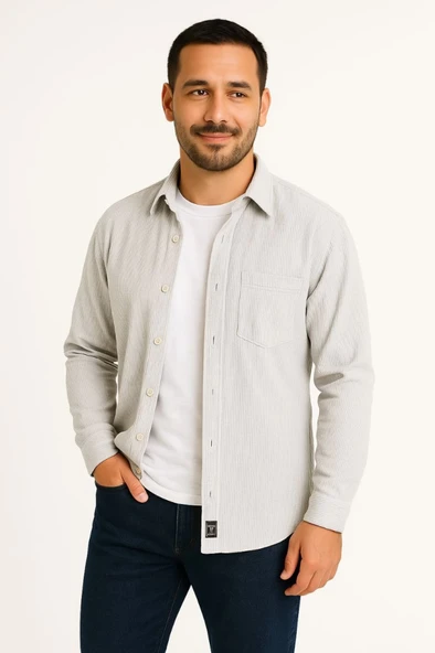 Erkek Fitilli Kadife Cepli Gömlek Oversize Rahat Kalıp - Gri - Resim 2