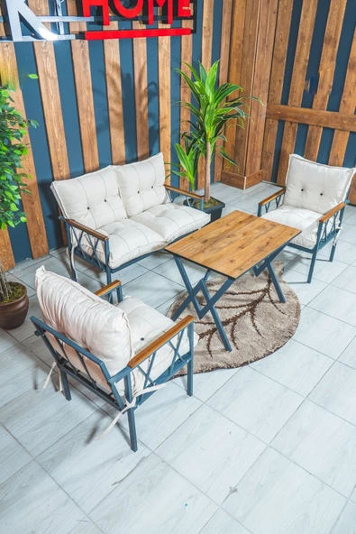 UFUK HOME Miray 211 Masalı Krem Fermuarlı Bahçe Balkon Takımı, Salon, Teras- Berjer Düğmeli Metal Çay Seti - Resim 2