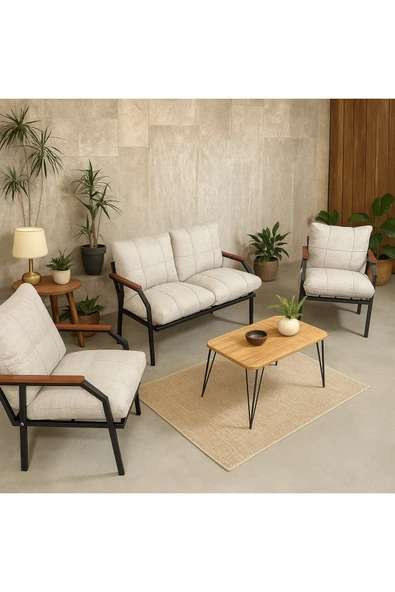 UFUK HOME Linda 211 Sehpalı Krem Fermuarlı Bahçe Balkon Takımı, Cafe, Salon - Metal Kanepe Koltuk Takımı ürün görseli