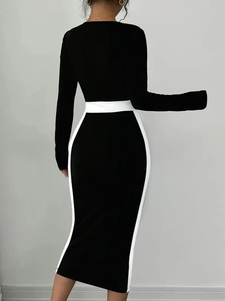 Kadın Uzun Kollu Geometrik Yaka Midi Ithal Krep Elbise - Resim 2