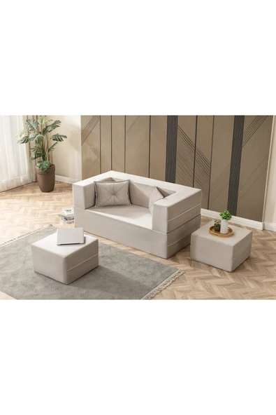UFUK HOME Buhara Açılır Koltuk&Çift Kişilik Puflu Uzanma Koltuğu & Aktivite & Çok Amaçlı & Yatak Olabilen Krem - Resim 2