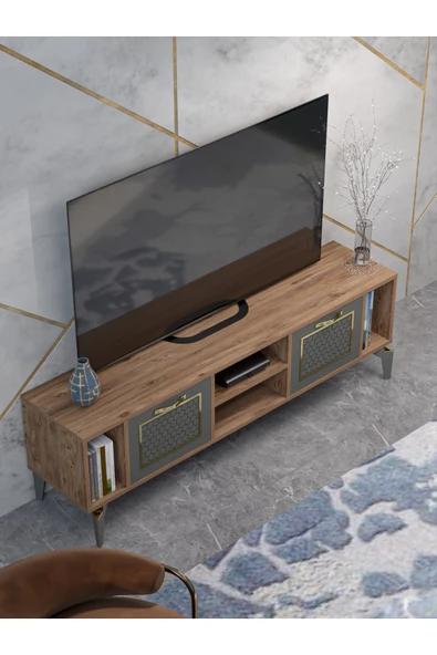 Tv Sehpası Tv Ünitesi Vera Beyaz Gold Çizgili 5052 - Resim 5