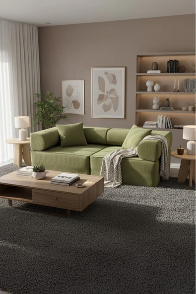 UFUK HOME Luxivo Konforlu Çift Kişilik Açılabilir Yataklı Koltuk Haki ürün görseli