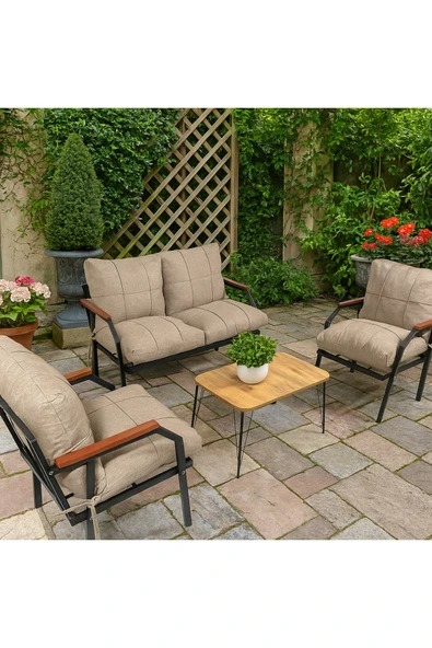 UFUK HOME Linda 211 Sehpalı Kahverengi Fermuarlı Bahçe Balkon Takımı, Cafe, Salon - Metal Kanepe Koltuk Takımı ürün görseli