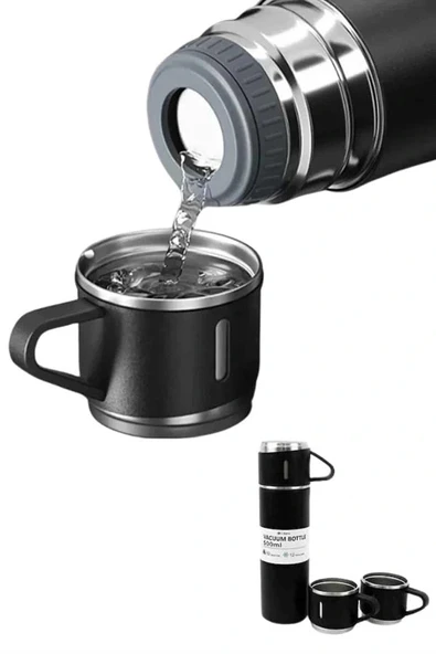Termos Paslanmaz Çelik Termos Siyah Renk 3 Bardaklı Termos Seti - Resim 4