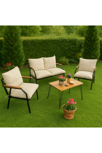 UFUK HOME Linda 211 Sehpalı Krem Fermuarlı Bahçe Balkon Takımı, Cafe, Salon - Metal Kanepe Koltuk Takımı - Resim 2