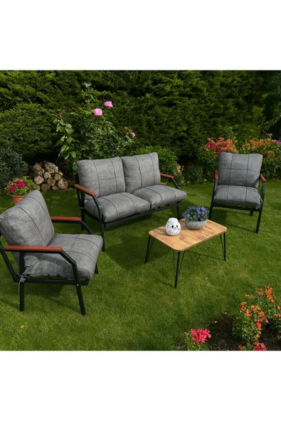UFUK HOME Linda 211 Sehpalı Gri Fermuarlı Bahçe Balkon Takımı, Cafe, Salon - Metal Kanepe Koltuk Takımı ürün görseli