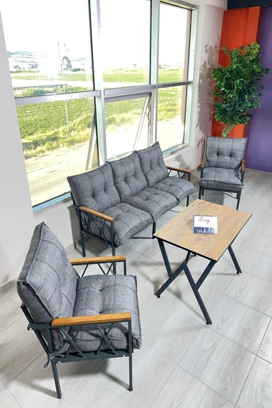 UFUK HOME Miray 311 Masalı Gri Fermuarlı Bahçe Balkon Takımı, Salon, Teras- Berjer Düğmeli Metal Çay Seti ürün görseli