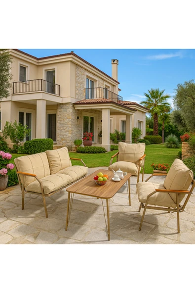 UFUK HOME Linda Cappuccino 211 Masalı Bej Fermuarlı Bahçe Balkon Takımı,Cafe-Metal Kanepe Koltuk Takımı ürün görseli