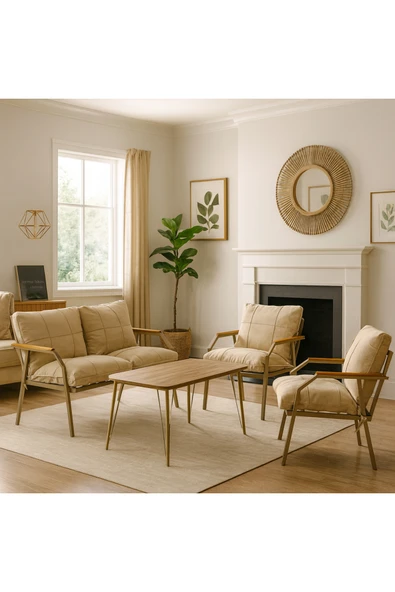 UFUK HOME Linda Cappuccino 211 Masalı Bej Fermuarlı Bahçe Balkon Takımı,Cafe-Metal Kanepe Koltuk Takımı - Resim 2