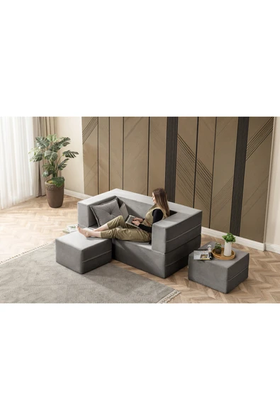 UFUK HOME Buhara Çift Kişilik Açılır Koltuk&çift Kişilik Puflu&uzanma Koltuğu&silinebilir Çok Amaçlı Antrasit - Resim 4