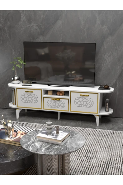 Tv Sehpası Tv Ünitesi Raflı 140 Cm Gzd Beyaz - Resim 2