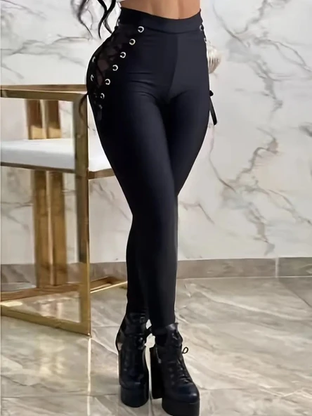 Kadın Yüksek Bel çapraz Bağcıklı Tül Detaylı Dalgıç Tayt - Resim 4