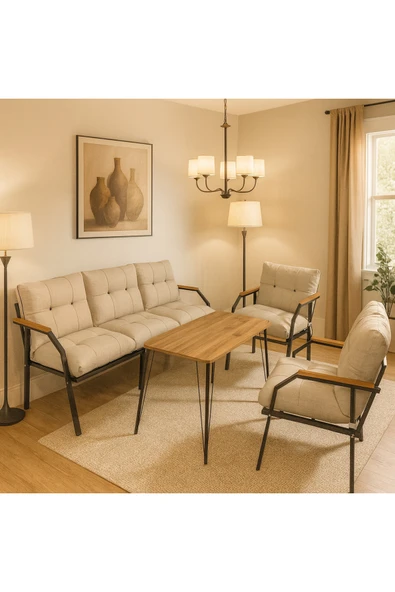 UFUK HOME Milas 311 Masalı Krem Fermuarlı Bahçe Balkon Takımı, Cafe, Salon - Metal Kanepe Koltuk Takımı ürün görseli