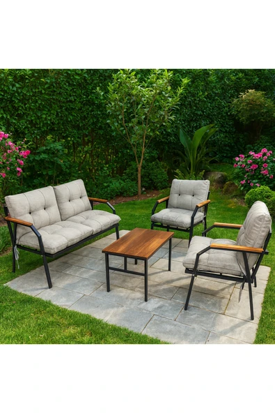 UFUK HOME Milas 211 Sehpalı Açık Gri Fermuarlı Bahçe Balkon Takımı, Cafe, Salon - Metal Kanepe Koltuk Takımı - Resim 2