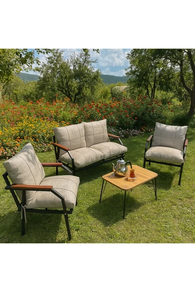 UFUK HOME Sehpalı Açıkgri Fermuarlı Bahçe Balkon Takımı, Cafe, Salon - Metal Kanepe Koltuk Takımı ürün görseli