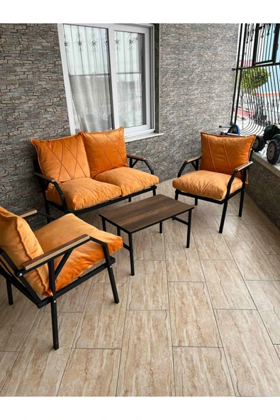 UFUK HOME Linda 211 Sehpalı Turuncu Fermuarlı Bahçe Balkon Takımı, Cafe, Salon - Metal Kanepe Koltuk Takımı - Resim 5