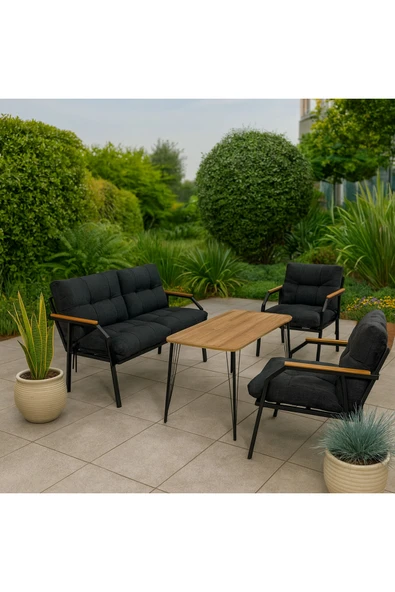 UFUK HOME Milas 211 Masalı Siyah Fermuarlı Bahçe Balkon Takımı, Cafe, Salon - Metal Kanepe Koltuk Takımı ürün görseli