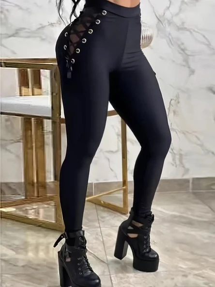 Kadın Yüksek Bel çapraz Bağcıklı Tül Detaylı Dalgıç Tayt - Resim 2