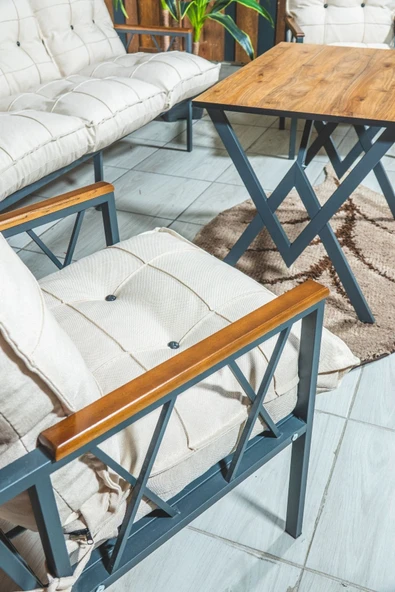 UFUK HOME Miray 311 Masalı Krem Fermuarlı Bahçe Balkon Takımı, Salon, Teras- Berjer Düğmeli Metal Çay Seti - Resim 3