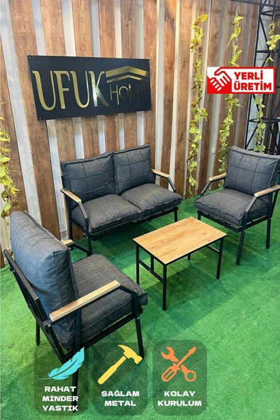 UFUK HOME Linda 211 Sehpalı Antrasit Fermuarlı Bahçe Balkon Takımı, Cafe, Salon - Metal Kanepe Koltuk Takımı ürün görseli