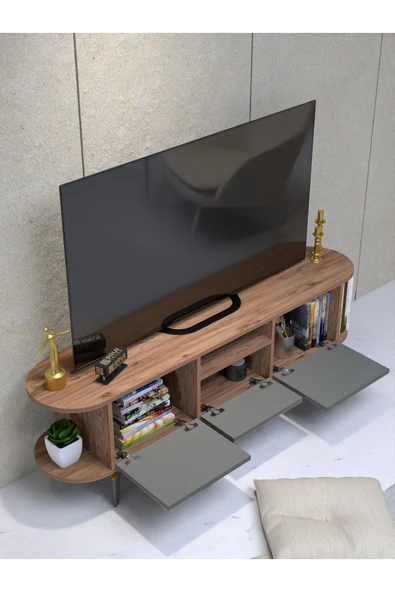 Tv Sehpası Tv Ünitesi Kapaklı Raflı Setro Beyaz - Resim 5