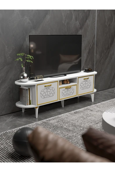 Tv Sehpası Tv Ünitesi Raflı 140 Cm Gzd Beyaz ürün görseli
