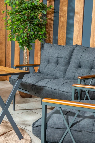 UFUK HOME Miray 211 Masalı Antrasit Fermuarlı Bahçe Balkon Takımı, Salon, Teras- Berjer Düğmeli Metal Çay Seti - Resim 5