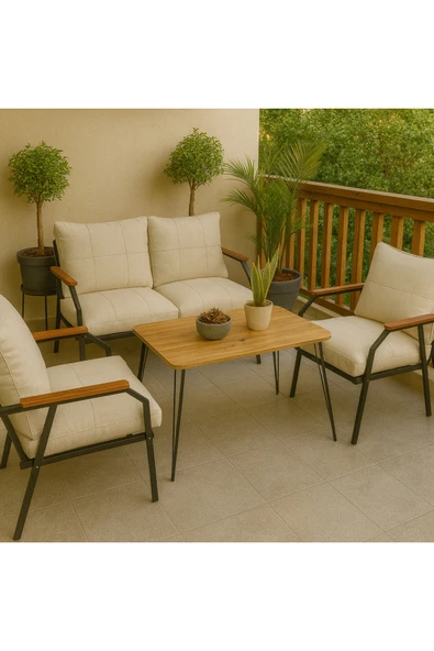UFUK HOME Linda 211 Masalı Krem Fermuarlı Bahçe Balkon Takımı, Cafe, Salon - Metal Kanepe Koltuk Takımı - Resim 2