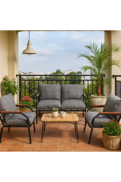 UFUK HOME Linda 211 Sehpalı Gri Fermuarlı Bahçe Balkon Takımı, Cafe, Salon - Metal Kanepe Koltuk Takımı - Resim 3