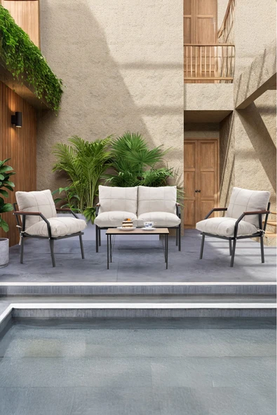 UFUK HOME Sehpalı Krem Fermuarlı Bahçe Balkon Takımı, Cafe, Salon - Metal Kanepe Koltuk Takımı ürün görseli