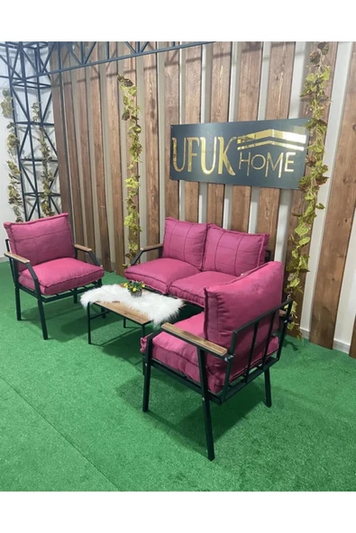 UFUK HOME Sehpalı Pudrapembe Fermuarlı Bahçe Balkon Takımı, Cafe, Salon - Metal Kanepe Koltuk Takımı - Resim 2