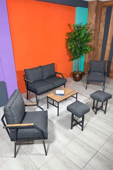 UFUK HOME Linda 2-1-1 2 Puf Sehpalı Bahçe Balkon Takımı Bahçe Mutfak Mobilyası,kafe Sandalyesi,bahçe Pufu ürün görseli