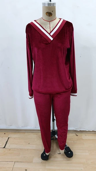 Kadın Uzun Kollu V Yaka Kadife Bluz Ve Pantolon Ikili Takım - Resim 4