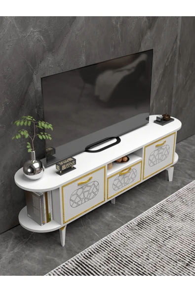 Tv Sehpası Tv Ünitesi Raflı 140 Cm Gzd Beyaz - Resim 5