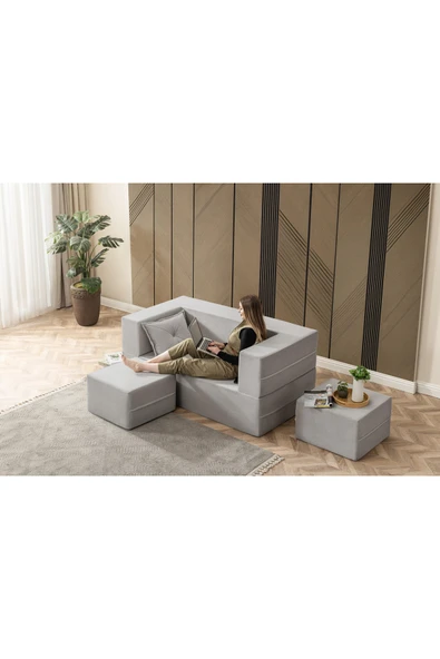 UFUK HOME Buhara Açılır Koltuk&Çift Kişilik Puflu & Uzanma Koltuğu & Silinebilir Çok Amaçlı Sünger Koltuk Gri - Resim 3