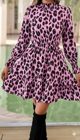 Kadın Uzun Kollu Yarı Balıkçı Yaka Leopar Desenli Modal Mini Elbise ürün görseli 1