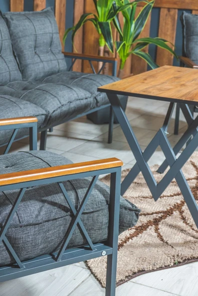 UFUK HOME Miray 311 Masalı Antrasit Fermuarlı Bahçe Balkon Takımı, Salon, Teras- Berjer Düğmeli Metal Çay Seti - Resim 4