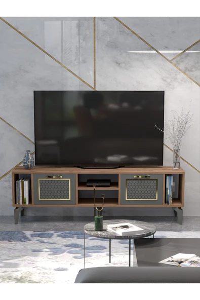 Tv Sehpası Tv Ünitesi Vera Beyaz Gold Çizgili 5052 - Resim 6