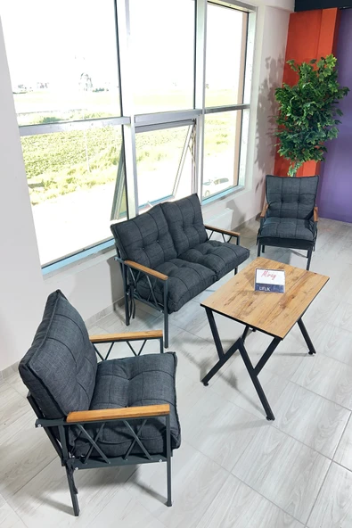 UFUK HOME Miray 211 Masalı Antrasit Fermuarlı Bahçe Balkon Takımı, Salon, Teras- Berjer Düğmeli Metal Çay Seti ürün görseli