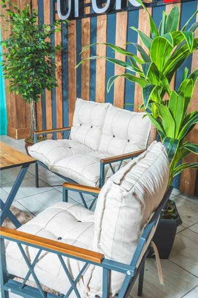 UFUK HOME Miray 211 Masalı Krem Fermuarlı Bahçe Balkon Takımı, Salon, Teras- Berjer Düğmeli Metal Çay Seti - Resim 5