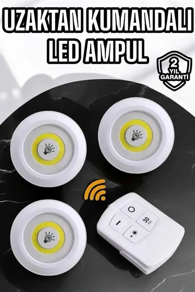 Spot Lamba Led Işık 3'lü Uzaktan Kumandalı Pilli Yapışkanlı Kablosuz - Resim 2