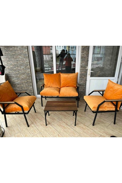 UFUK HOME Linda 211 Sehpalı Turuncu Fermuarlı Bahçe Balkon Takımı, Cafe, Salon - Metal Kanepe Koltuk Takımı - Resim 6