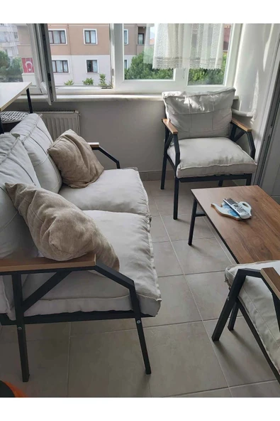UFUK HOME Linda 211 Krem Fermuarlı Bahçe Balkon Takımı, Cafe, Salon - Metal Kanepe Koltuk Takımı - Resim 4